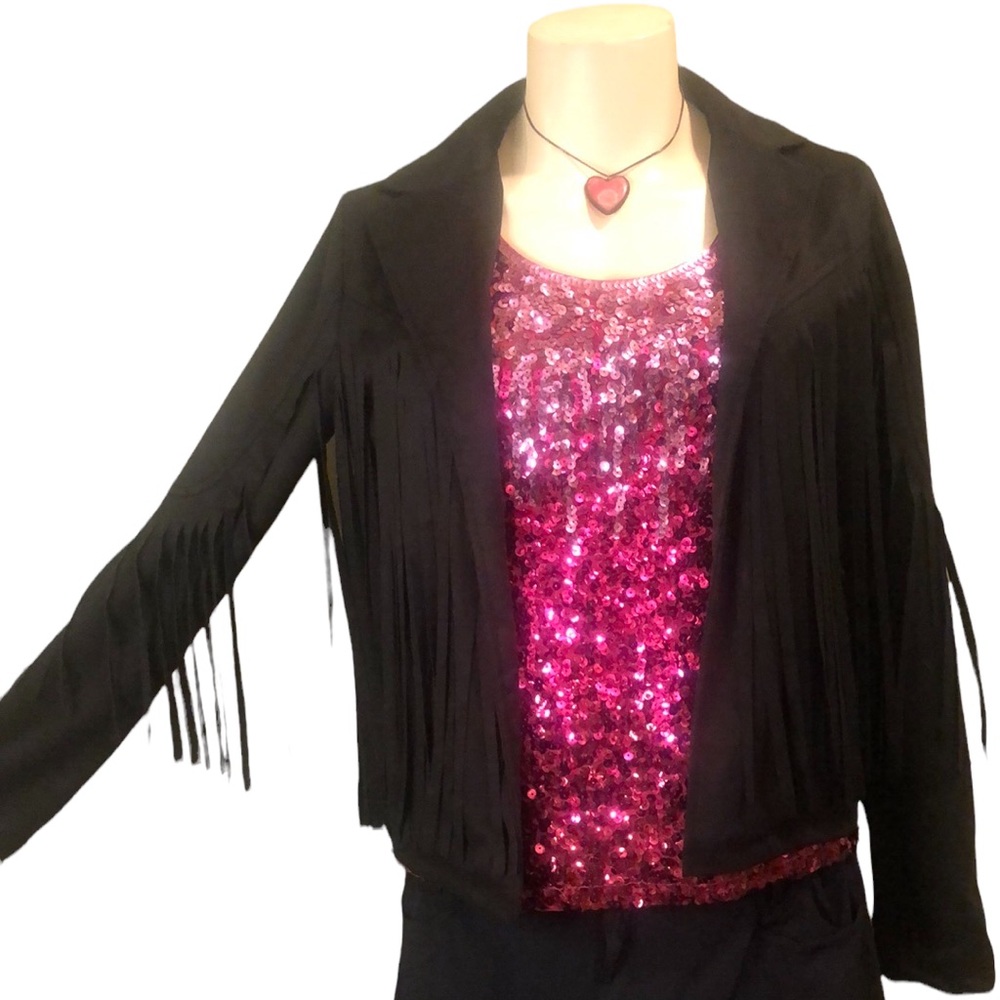 Faux Suede Tassel Jacket Lapel Fringe Cropped size Medium Black